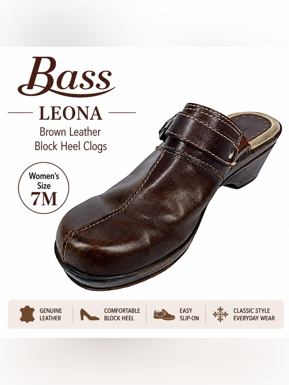 Bass Leona Brown Leather Block Heel Clogs Women’s Size 7M